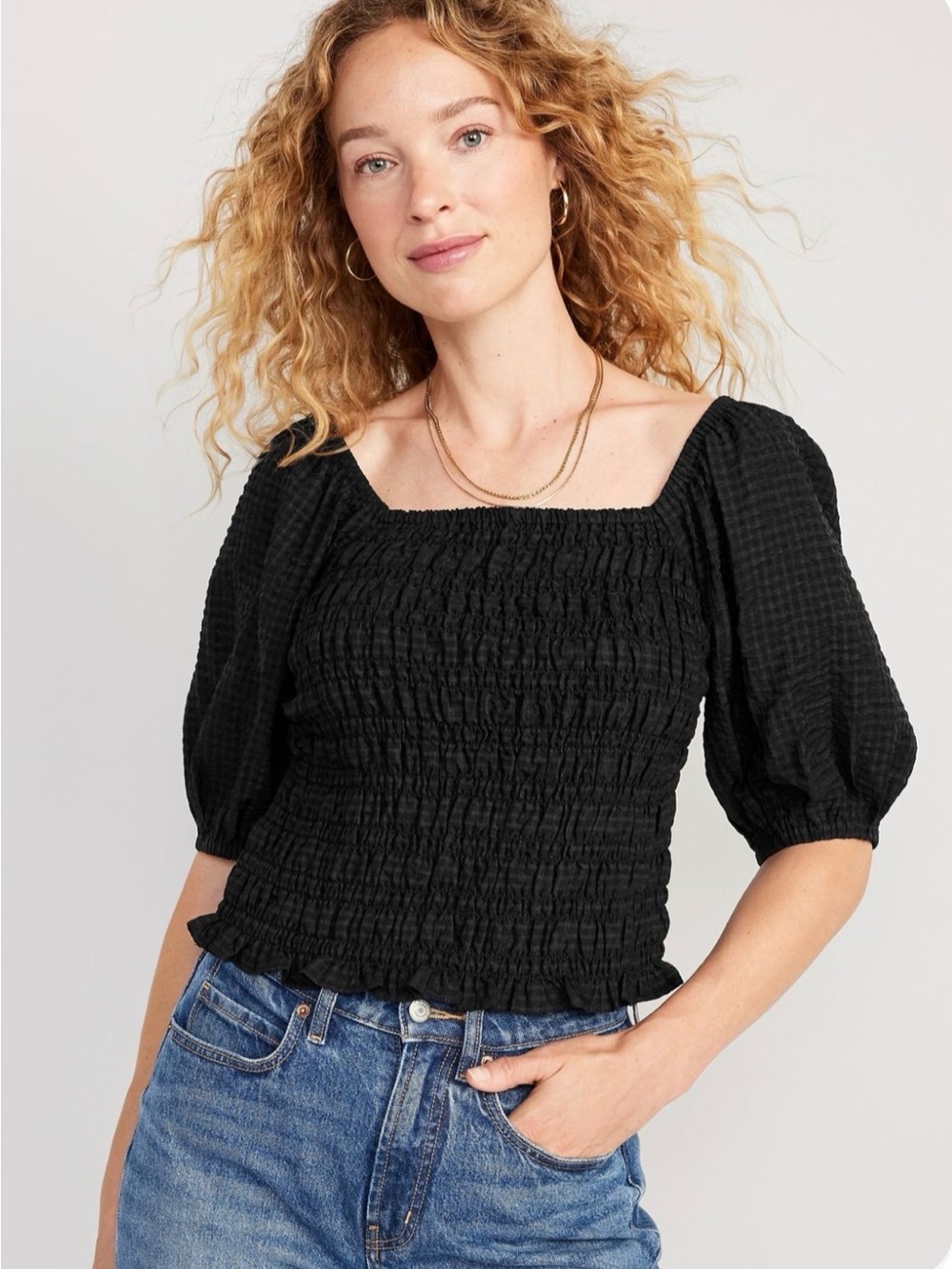 Old Navy Black Smocked Square-Neck Puff Sleeve Crop Top